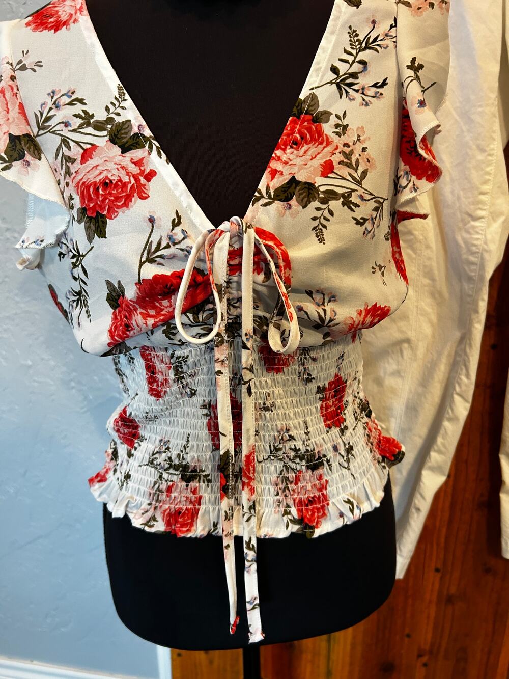 Fashion Nova White & Red Rose Smocked Peplum Cottagecore Crop Top - Small